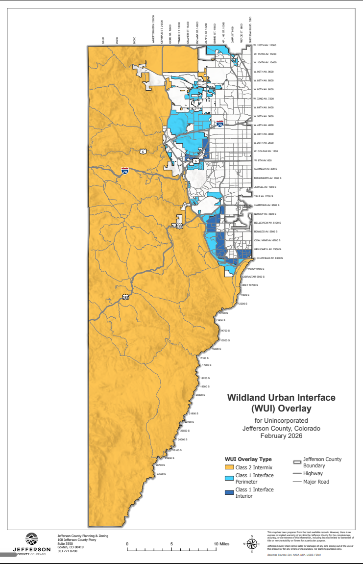 Wildland Urban Interface (WUI) overlay map for unincorporated Jefferson County, Colorado, showing Class 2 Intermix and Class 1 Interface zones